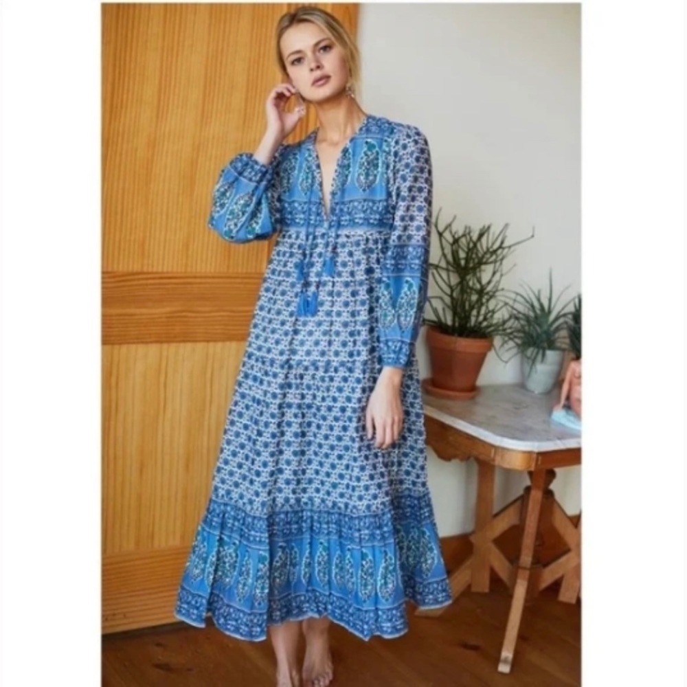Emerson Fry India Collection Blue Hand Block Print Organic Cotton Midi Dress Sm